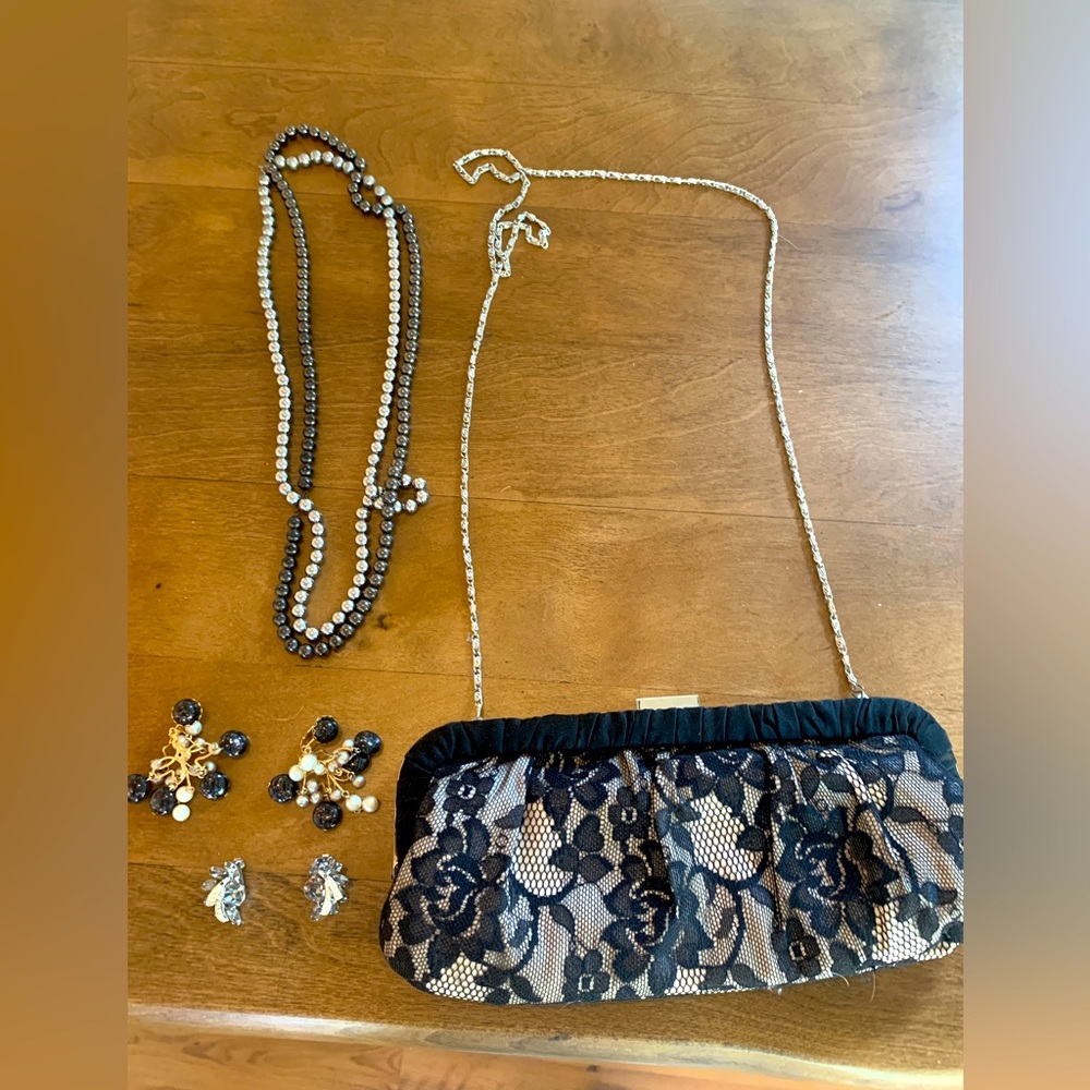 Vintage Evening Glam Bundle – Lace Clutch, Beaded Necklaces & Earrings